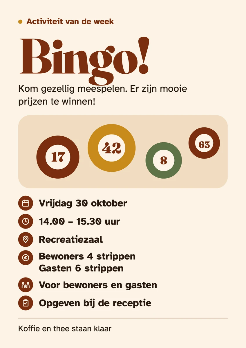 Hetzelfde bingo-affiche uit Affiche Studio: grote kop, rustige kleuren, en vrijdag 30 oktober, 14.00 tot 15.30 uur in de recreatiezaal.